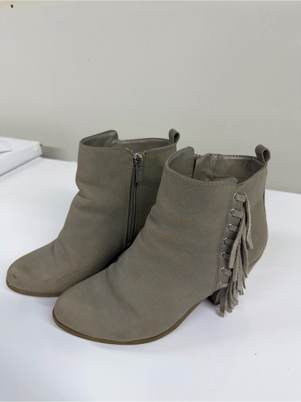 Fringe Side Zip Ankle Boots - Taupe